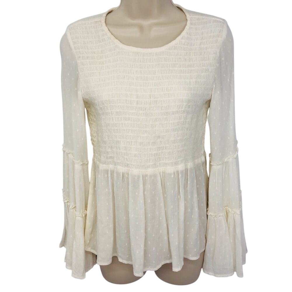 American Eagle Ivory Smocked Top Bell Sleeves Boho inspired Gauzy Dotted Swiss - Picture 14 of 16